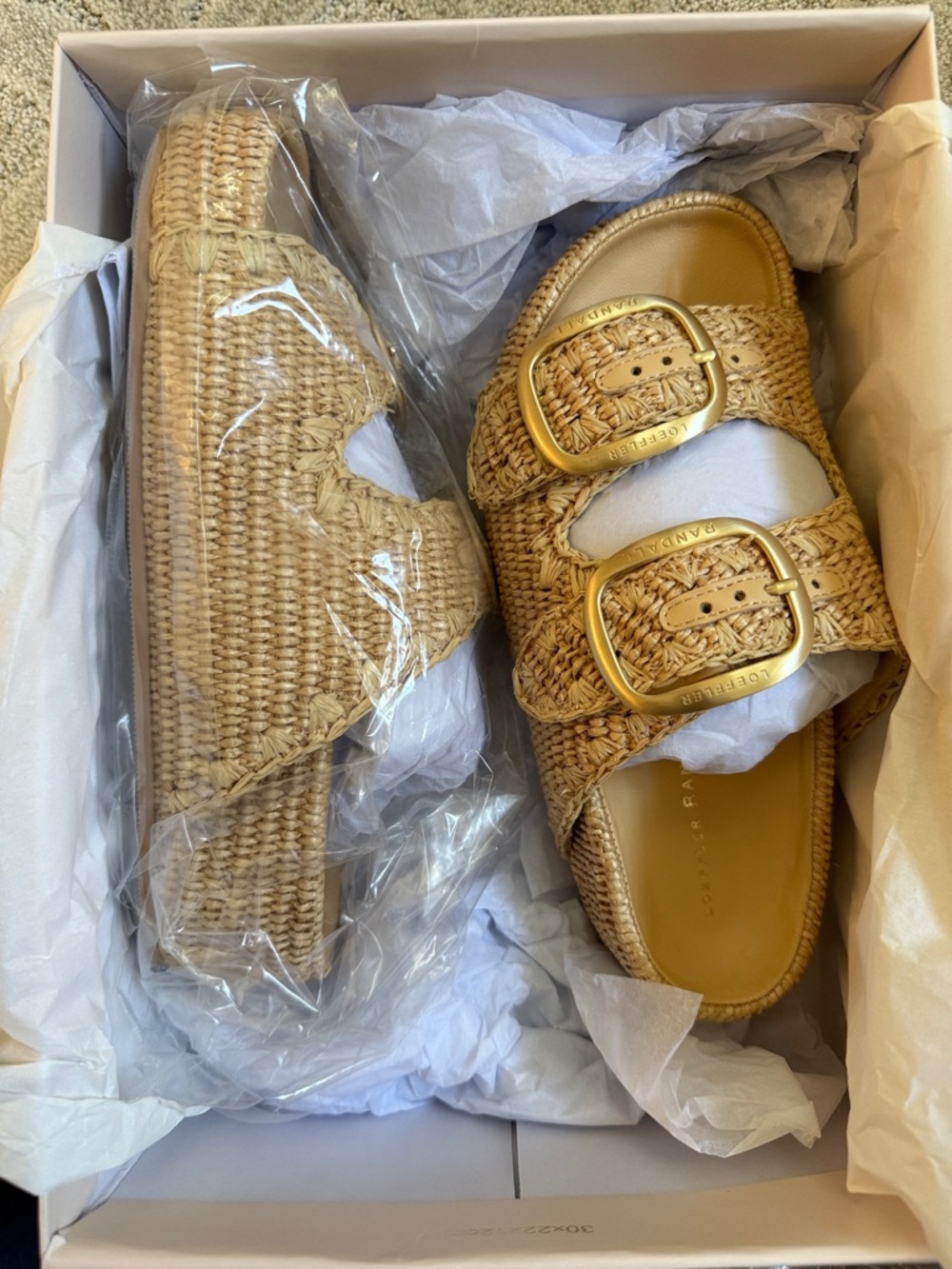 Loeffler Randall Woven Raffia Double-Buckle Slide Sandals - Natural Tan